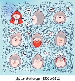 vector illustration with hedgehogs and doodles, character, stickers
