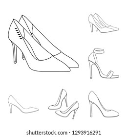Vector illustration of heel and high sign. Set of heel and stiletto stock symbol for web.