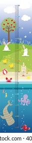 Vector illustration height, length measure scale for kids and babies, animals theme