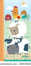 Vector illustration of height measurement wall with farm animals