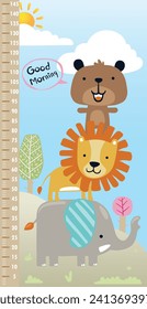 Vector illustration of height measurement wall with funny animals cartoon