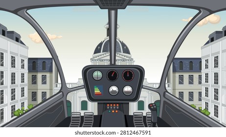 Vector illustration of a helicopter cockpit flying over historic European architecture with detailed dashboard gauges.