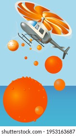 Ilustración vectorial.El helicóptero se atrapa sobre el mar y arroja naranjas.