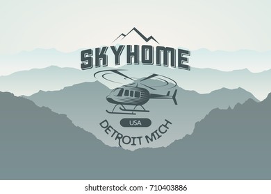 Vector illustration of a helicopter logo on smoky mountains background.