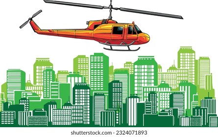 ilustración vectorial de un helicóptero sobre la ciudad sobre un fondo blanco