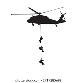 Vektorgrafik eines Hubschraubers, der eine Rettungsaktion mit abstürzenden Soldaten durchführt. Dieses Design steht für Mut, Teamwork und militärische Präzision, ideal für Projekte in den Bereichen Notfallreaktion, Militär und Rettung