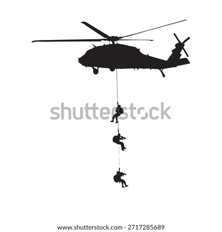 Vector illustration of a helicopter performing a rescue operation with soldiers rappelling down. This design represents courage, teamwork, and military precision, ideal for emergency response, military, and rescue-themed projects