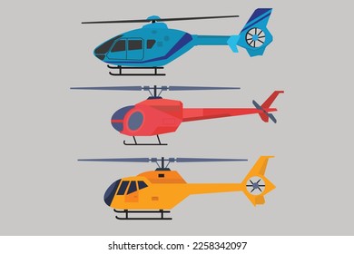 Vector illustration of helicopter side with horizontally-spinning. Rotor aircraft for police, guard, travel or rent isolated on solid background