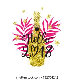 Vector illustration, Hello 2018 hand written lettering. 