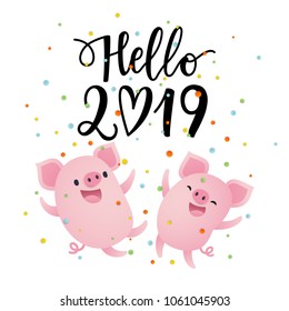 Vector illustration, Hello 2019 card with cute cartoon pigs and confetti.