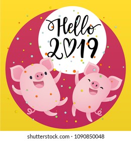 Vector illustration, Hello 2019 card with cute cartoon pigs and confetti.