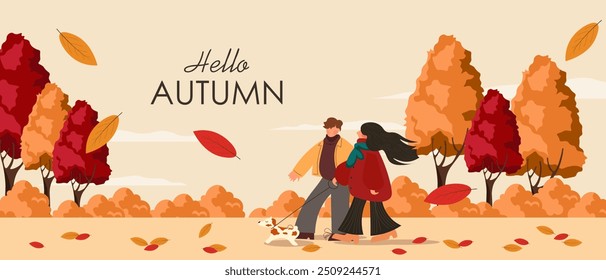 Ilustración vectorial. Hola fondo de otoño, voucher, folleto, Anuncio. Pareja caminando en el parque. Hojas de otoño. Ciudad, calle. Diseño moderno.