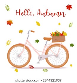 Vector illustration, hello autumn. Bicycle with a basket with yellow leaves. Banner template.