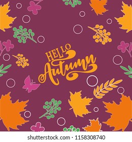 Vector illustration Hello autumn Colorful and vivid composition of text hello autumn and hand-drawn leaves