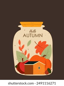 Vector illustration. Hello autumn, cozy autumn, autumn mood. House in a jar.  Autumn composition. Modern design. Poster, banner, postcard, cover.