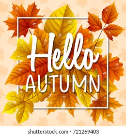 Vector illustration of Hello autumn leaves with drop water