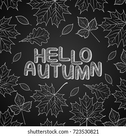 Vector illustration of Hello Autumn leaves drawn with chalk on black chalkboard