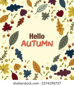 Vector illustration. Hello autumn lettering isolated on white background. Hand drawn lettering text. Festive autumn banner, Card, invitation. Decorative elements in autumn leaf colors