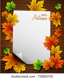 Vector illustration of Hello autumn paper with maple leaves on wood background