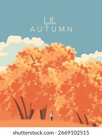 Vector illustration. Hello autumn, autumn park, girl walking among trees. Poster, banner, postcard, cover.