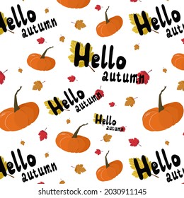 Vector illustration hello autumn, yellow red leaves, pumpkin