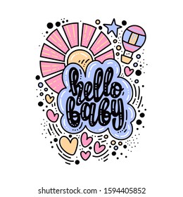 Vector illustration of Hello Baby. Baby shower theme. Lettering design for card, invitation, party and other