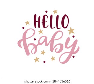 Ilustración vectorial del texto de Hello baby para ropa de chicas. Banda de chicas, tarjeta, postal, etiqueta, icono. Diseño de camisetas. Cita inspiradora, pancarta. Caligrafía femenina. Tipografía con letras, afiche.