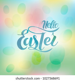 Vector illustration of Hello Easter   with the inscription for packing product to store, gift, message. shopping packaging. Inscription , invitation , banner template. Calligraphy background. 