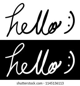 Vector illustration of "Hello!" lettering text with smile face isolated on background. Hello sign. Calligraphy hand written hello script.