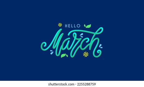 Vector illustration of Hello March lettering with 3D effect for logotype, merchandise, packaging, fabric, cup, mug, gift, poster, decoration, postcard, bag, textile. EPS 10.