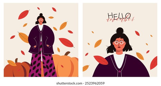 Vector illustration. Hello November, hello autumn. Girl and autumn. Collection of banners for social media. Square banners. Girl in a sweater. Autumn leaves. Modern design.