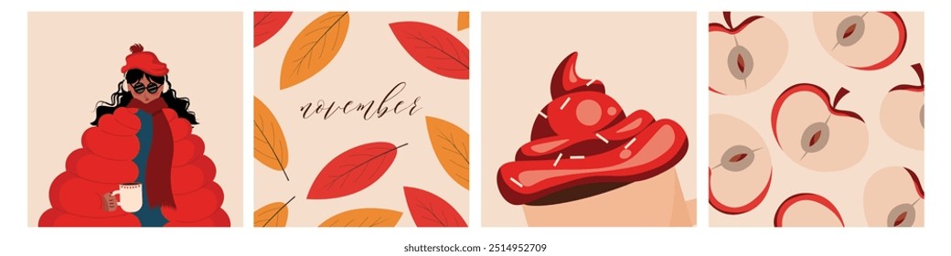 Ilustração vetorial. Olá novembro, conjunto de banners de mídia social. Design moderno. Humor de outono.
