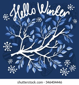 Vector illustration hello on winter branch.