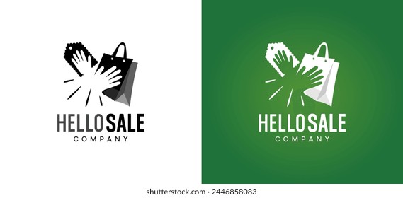 Vector illustration of hello sale logo with waving hand icon and shopping bag label