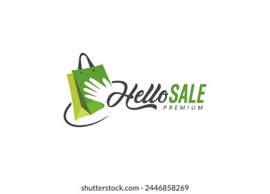 Vector illustration of hello sale logo with waving hand icon in shopping bag