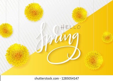 vector illustration of hello spring banner template with hand lettering phrase - hello spring - with dandelions flowers.