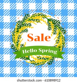 Vector illustration. Hello Spring. Bright colored spots. Mimosa wreath. Round frame. Seamless pattern blue.