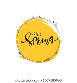 Vector illustration of Hello Spring circle shape yellow colored emblem. 