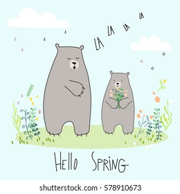 Vector illustration of Hello spring concept card. Awesome drawing cartoon design bears and blossom, leaves and clouds. Cute bear singing and with flower in sweet colors in Spring card. Funny postcard.