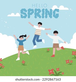 Ilustración vectorial. Hola Día de Primavera. Los jóvenes disfrutan y se divierten en primavera