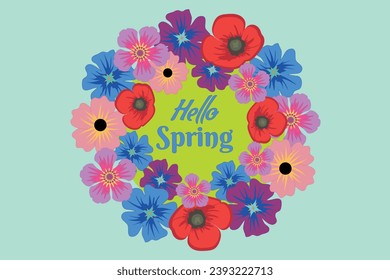 Vector illustration of hello spring with delicate flowers and inscription. The concept of the arrival of spring and sun.