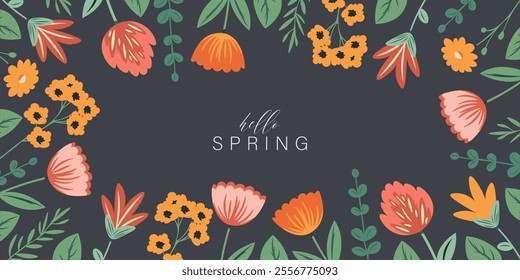 Vector illustration. Hello spring, floral banner, background, cover. Modern design.
