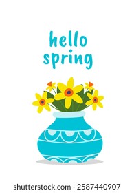 Vector illustration Hello Spring with a spring floral blue vase. Scrapbooking, greeting card, poster, tag EPS10