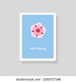 Vector illustration of Hello Spring greeting card with stylized flower on blue background. Minimalist style 