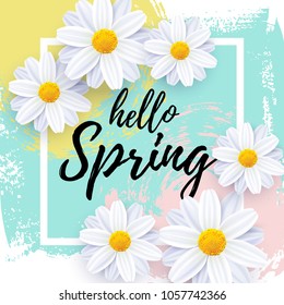 Vector illustration, hello Spring greeting card with realistic flowers and hand drawn abstract background.