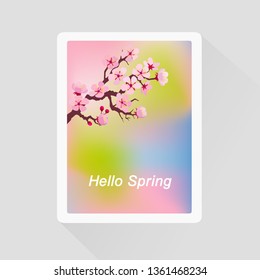 Vector illustration of Hello Spring greeting card with blossoming tree branch 