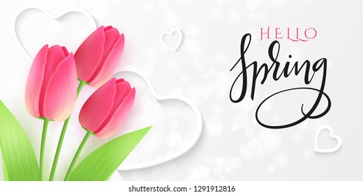 Vector illustration of hello spring greetings  banner template with hand lettering label - spring - with realistic tulip flowers