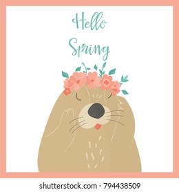 Vector illustration. Hello spring image with a lovely otter in floral wreath