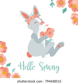 Vector illustration. Hello spring image with a lovely rabbit in floral wreath