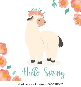 Vector Illustration. Hello spring image with a lovely lama in floral wreath